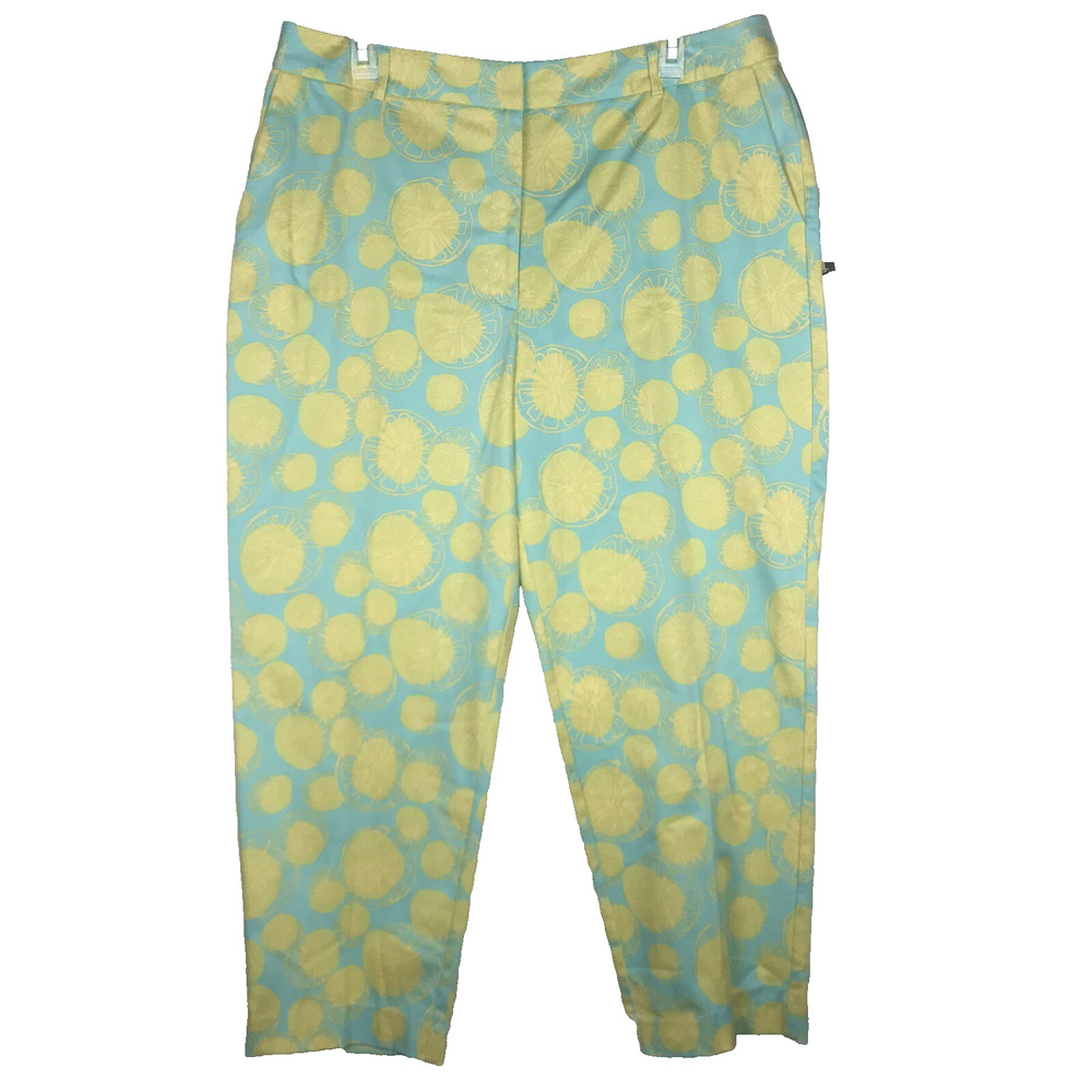 NWT David Brooks Capri Crop Pants Stretch Lemon Print Yellow Blue Pockets Sz 16